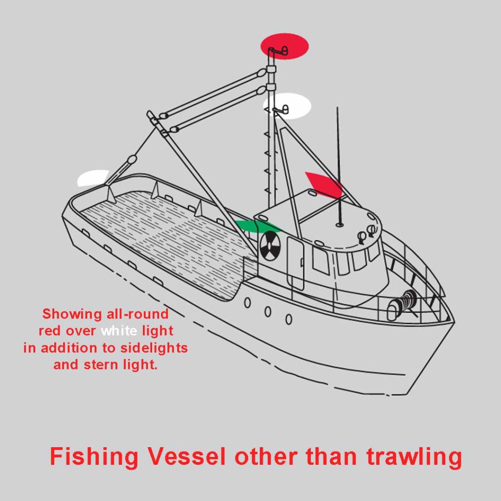 A fishing vessel other than trawling showing navigational lights and a red over white light displayed on the mast.