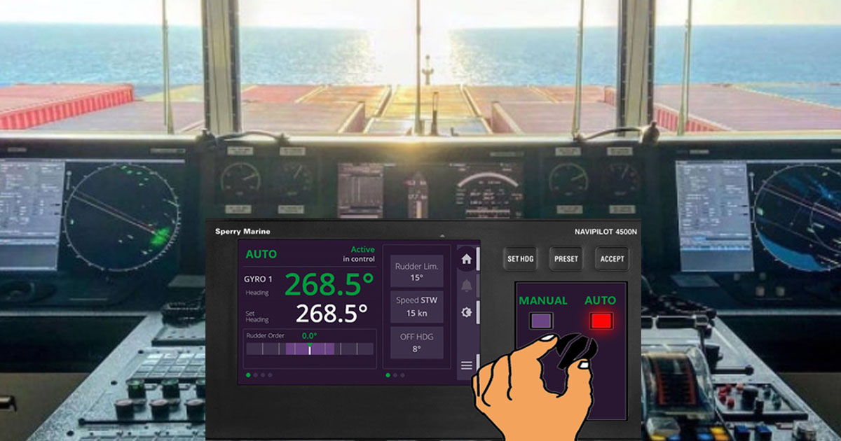 Ship's bridge showing the vast seas in front while changing from ship's autopilot to manual steering.